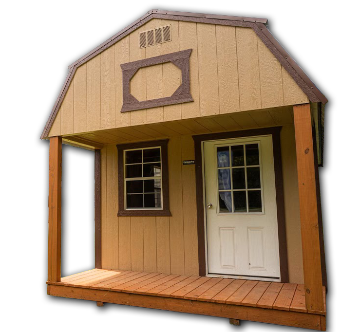 A small house with a porch and a white door