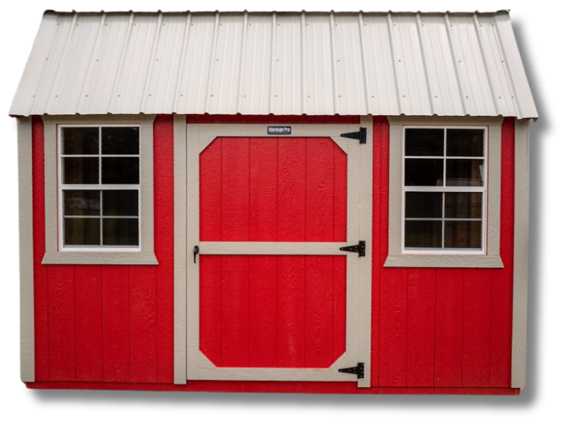 A red shed with a white roof and windows