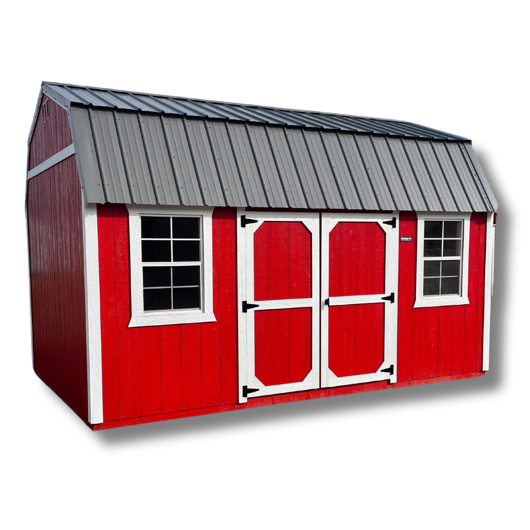 A red barn with a gray roof and white trim