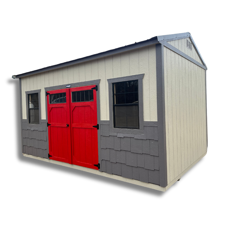 A shed with a red door and two windows