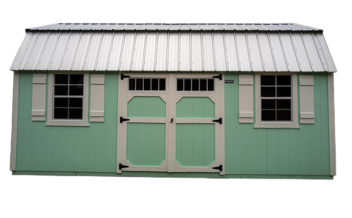 A green shed with white shutters and a white roof on a white background.