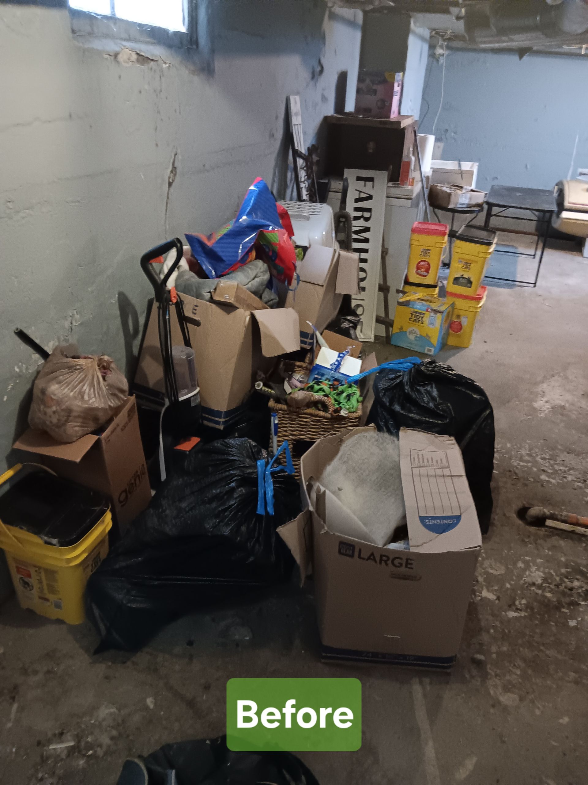 A room filled with boxes , trash bags , and other items.
