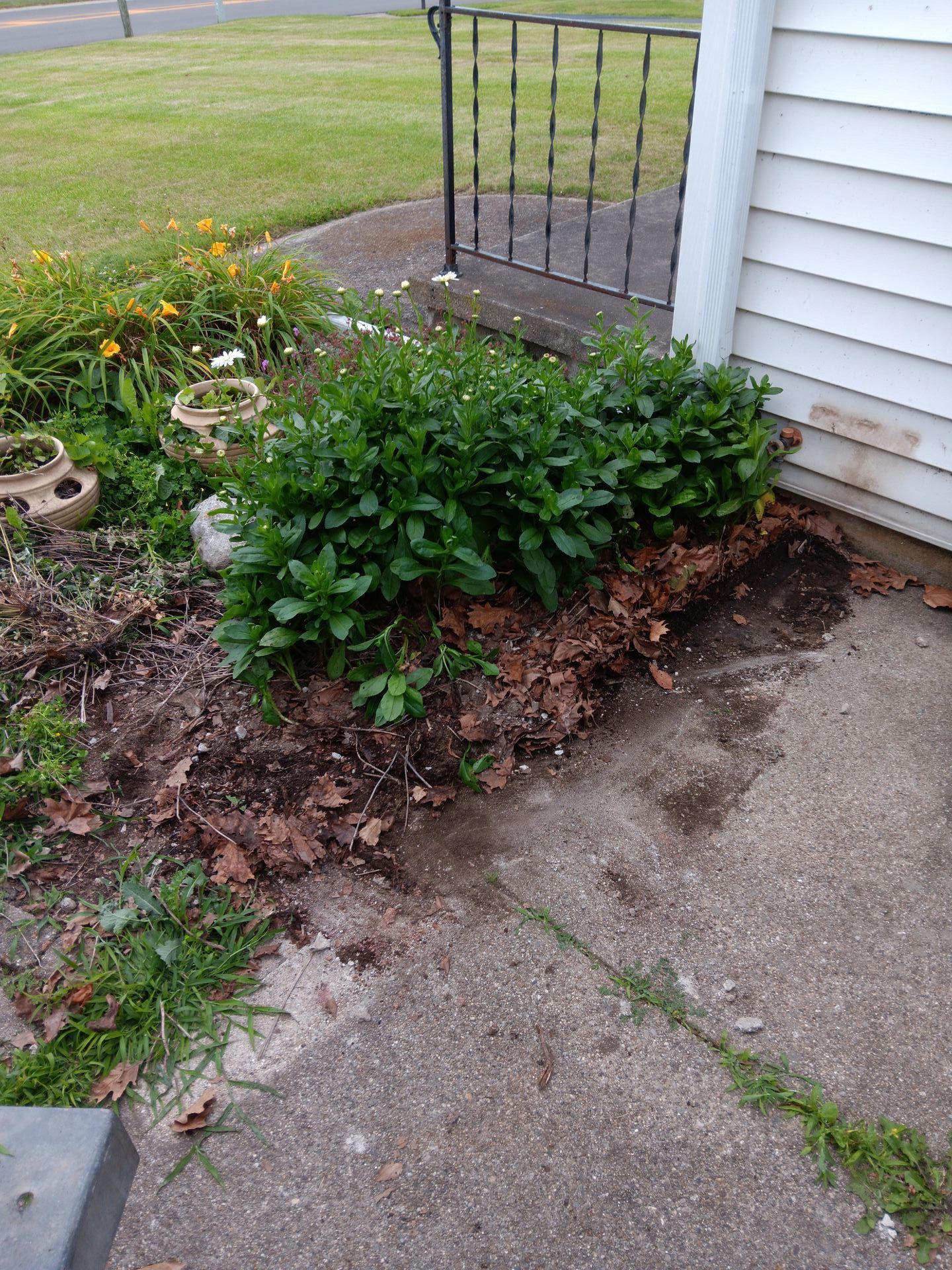 A white house with a garden in front of it.