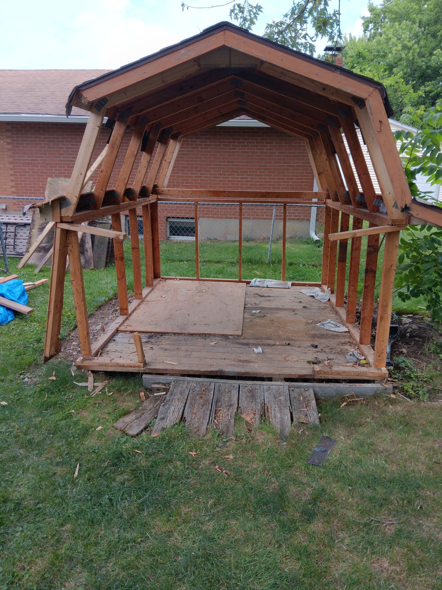 A wooden shed is being built in a backyard.