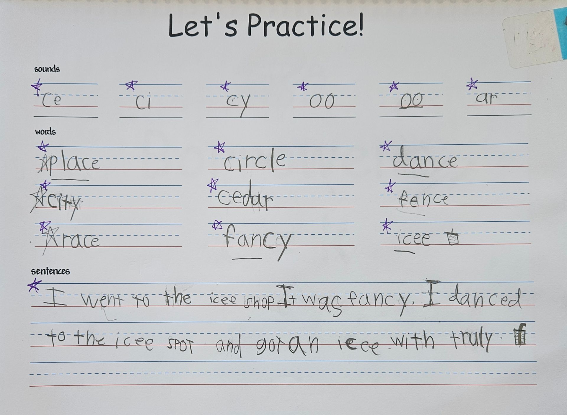 Handwritten practice sheet with spelling words and sentences, blue pen, white paper.