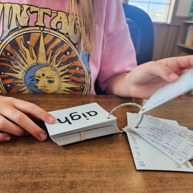 Person holding flashcards with the word