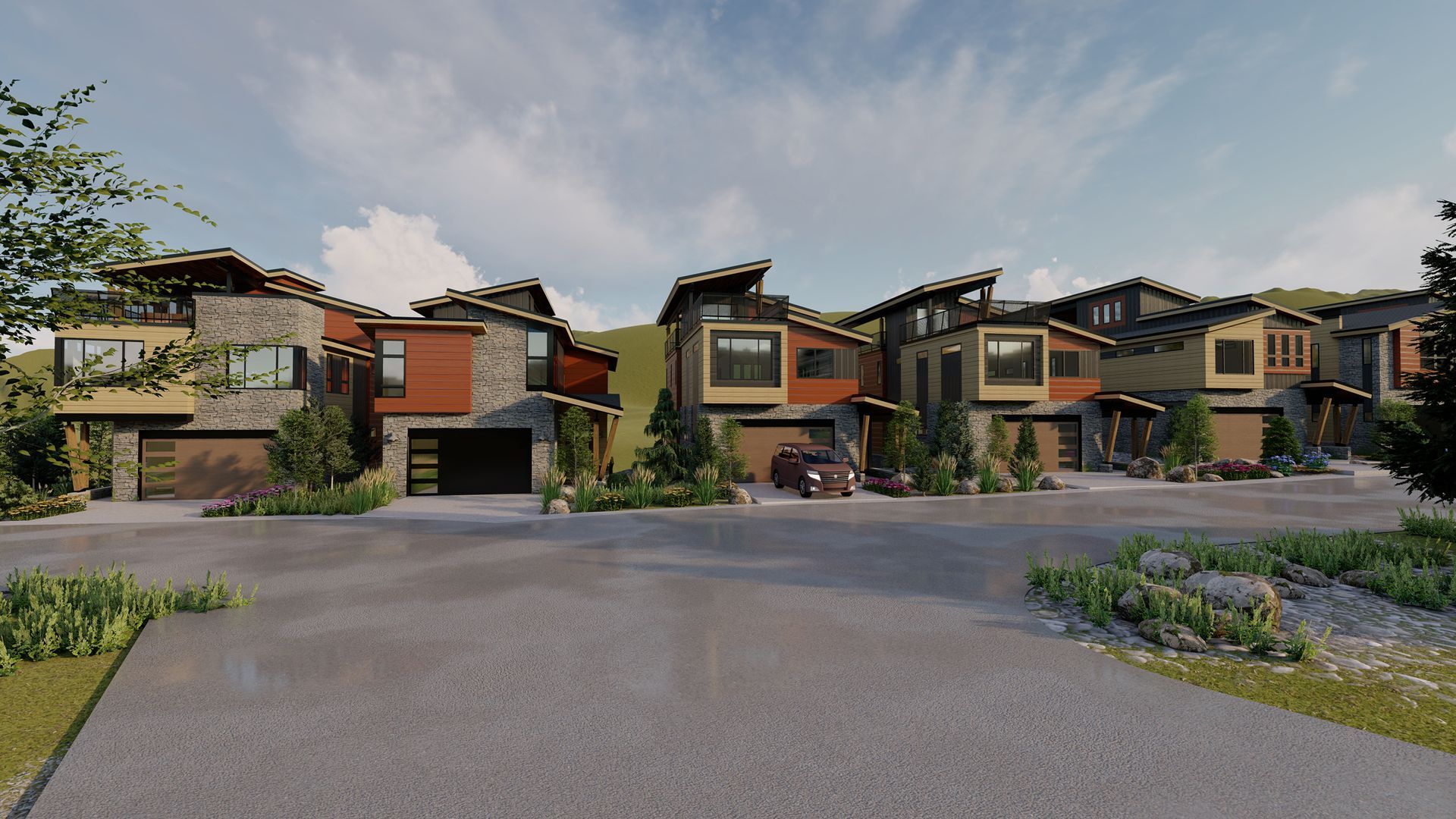 An artist 's impression of a row of houses in a residential area.