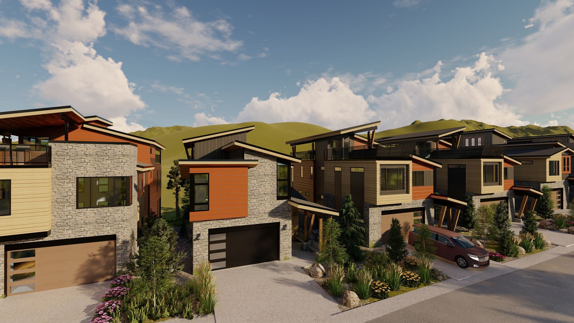 A rendering of a row of houses with cars parked in front of them.