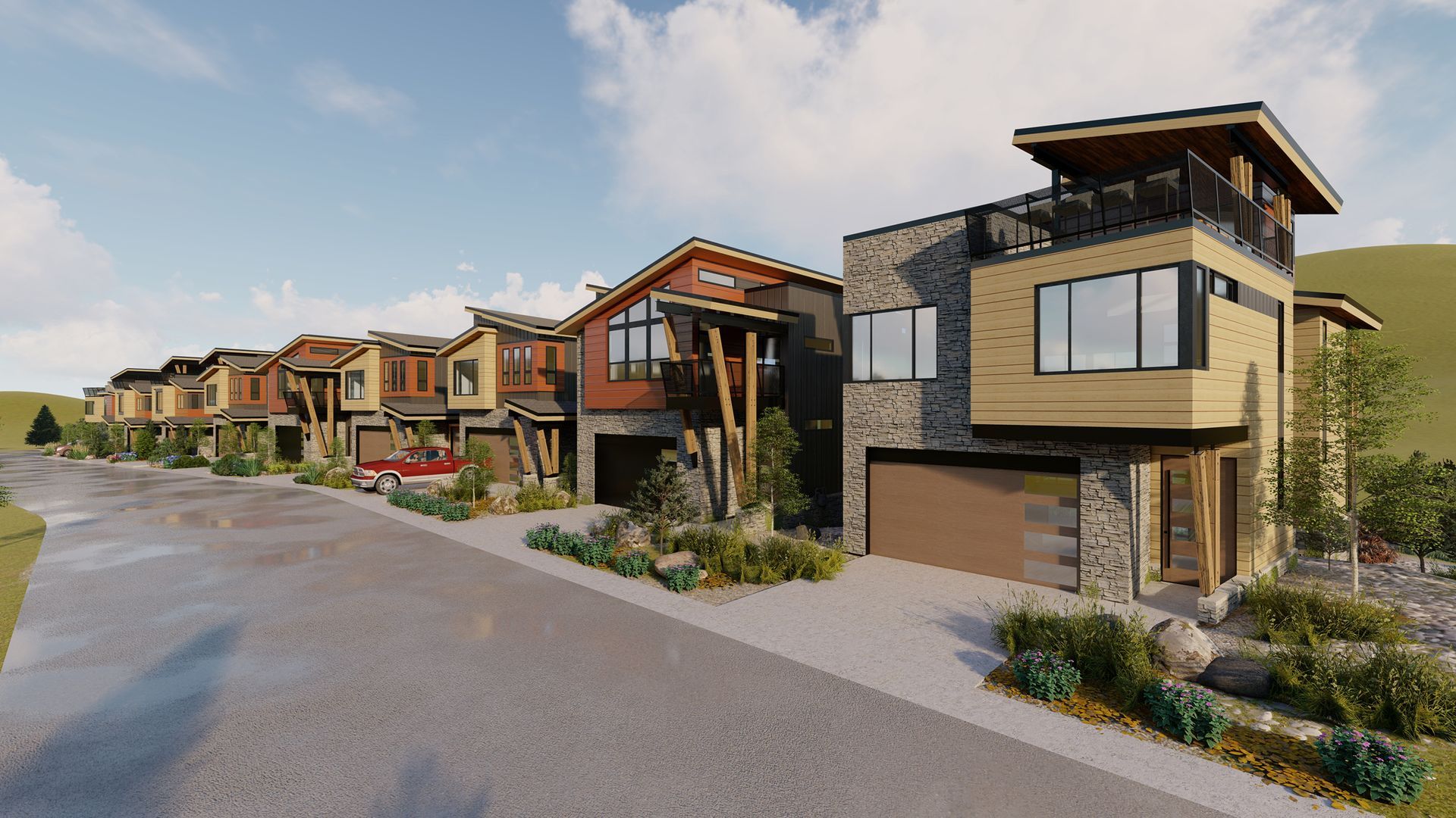 An artist 's impression of a row of houses in a residential area.