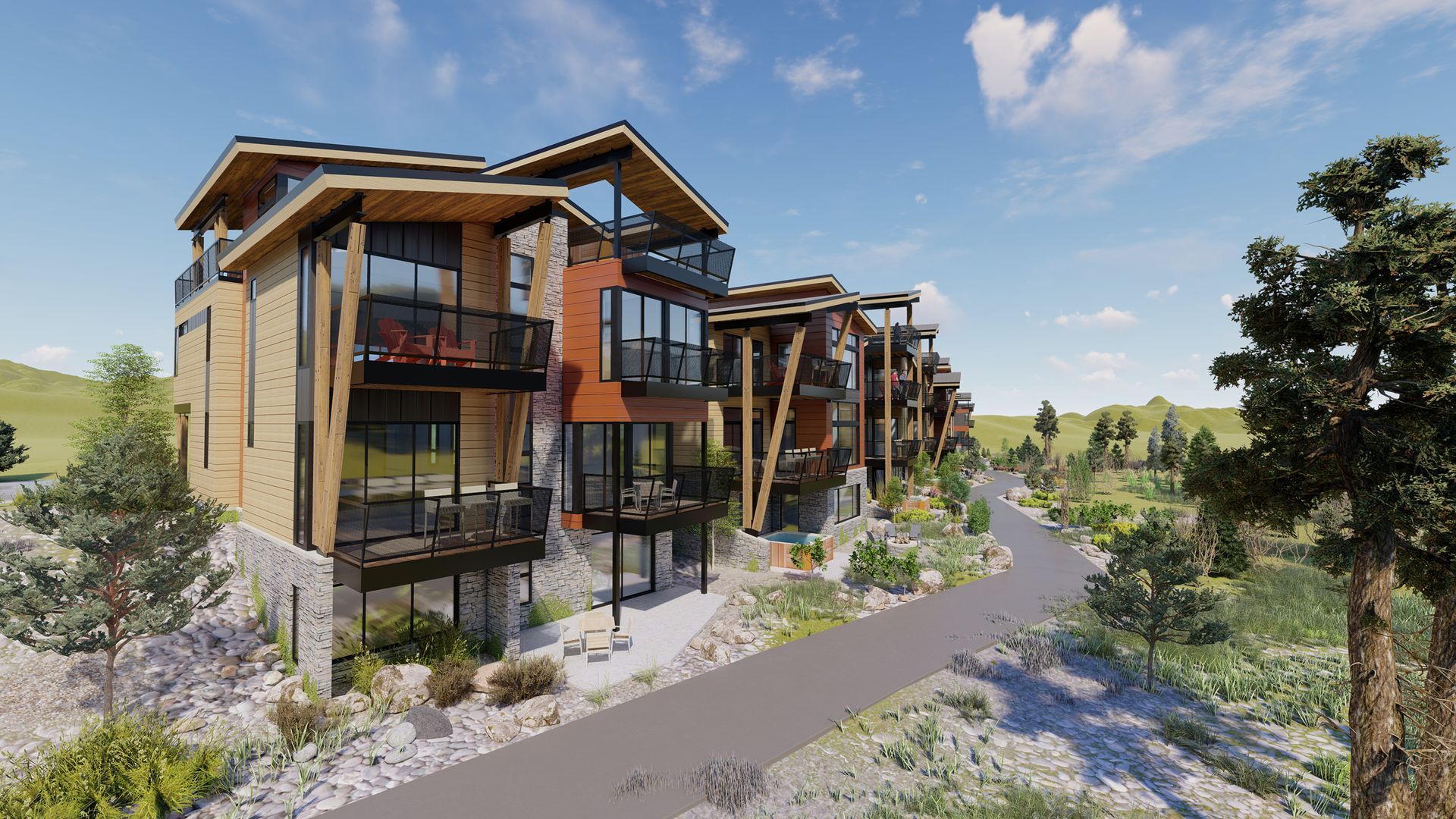 An artist 's impression of a large apartment building in the middle of a field.