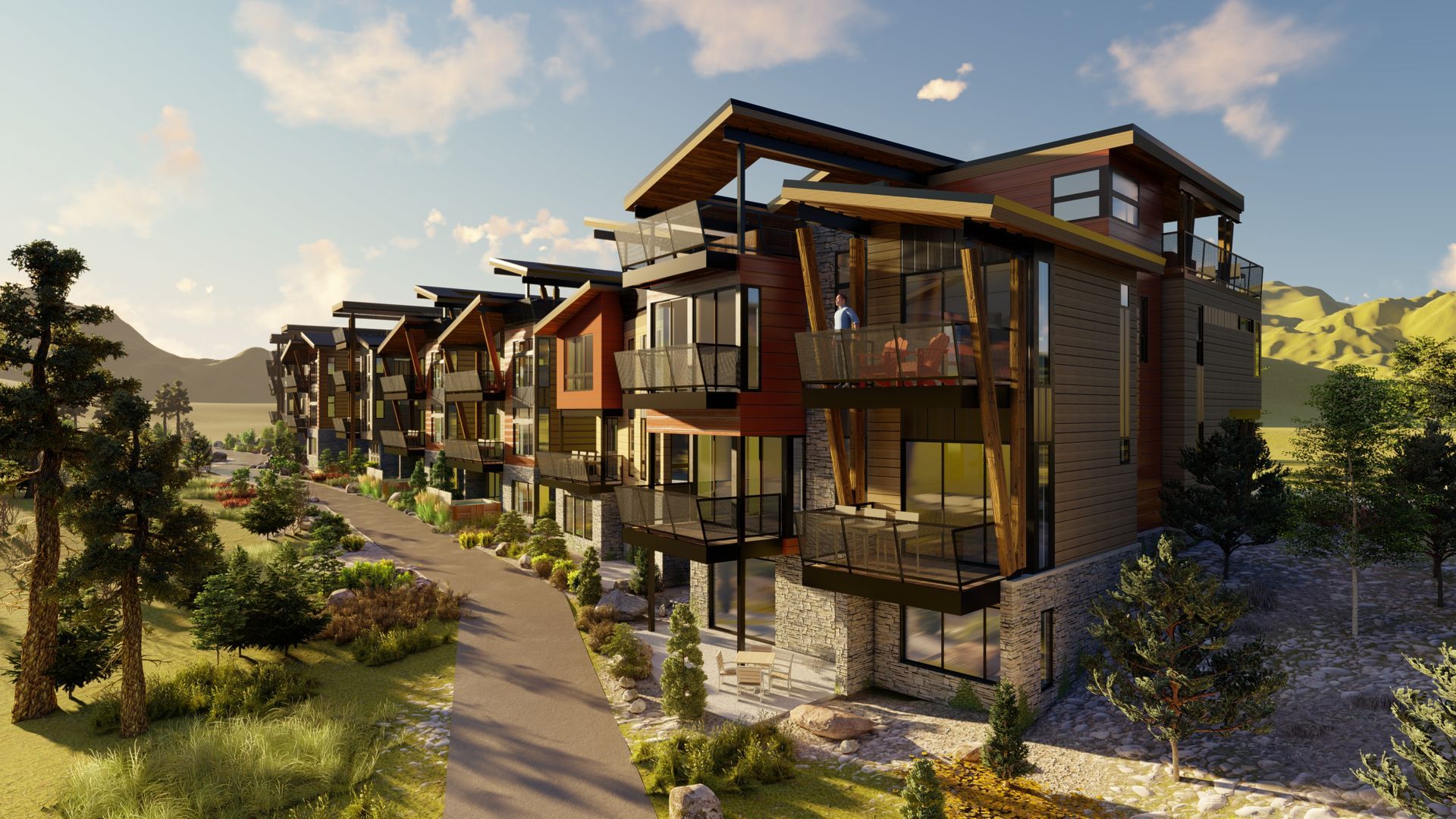 An artist 's impression of a row of apartment buildings surrounded by trees.