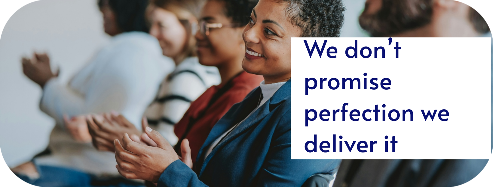 People clapping, woman smiling, text 