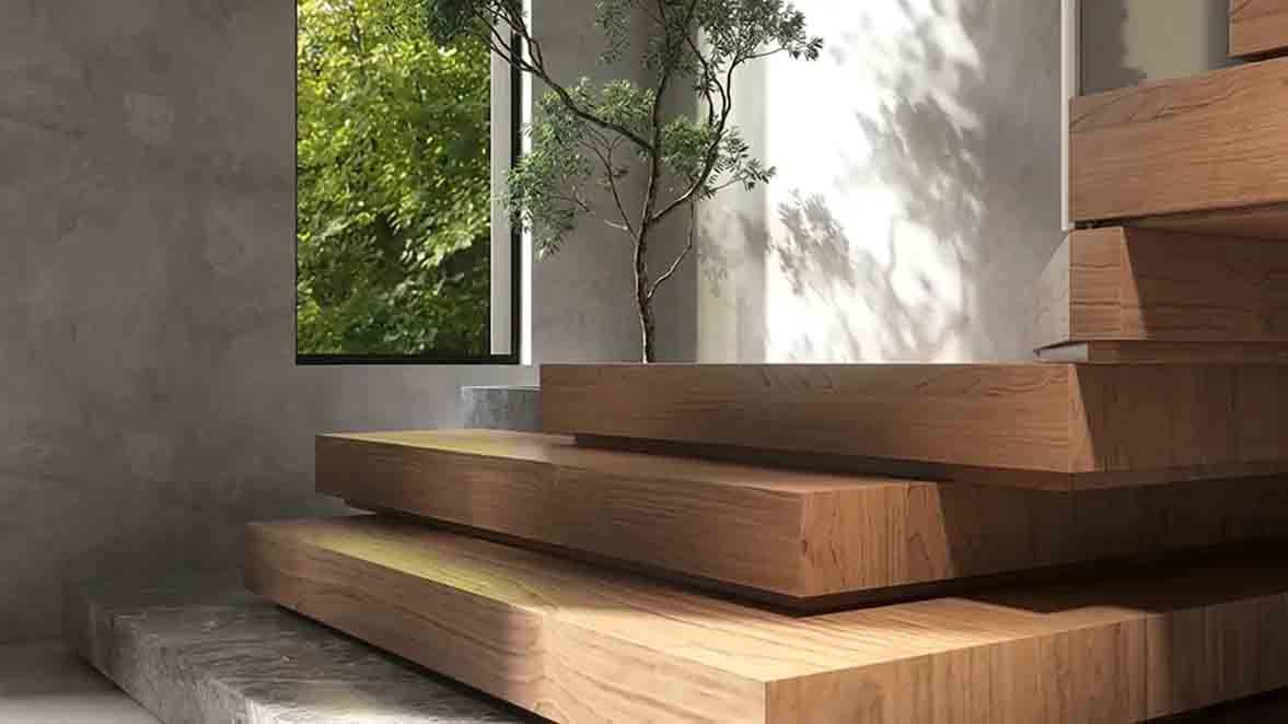 Escalier en bois près d'une fenêtre ensoleillée, avec un petit arbre en pot et des murs gris.