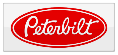 The red Peterbilt logo featuring white stylized script lettering inside a red oval on a light gray background.