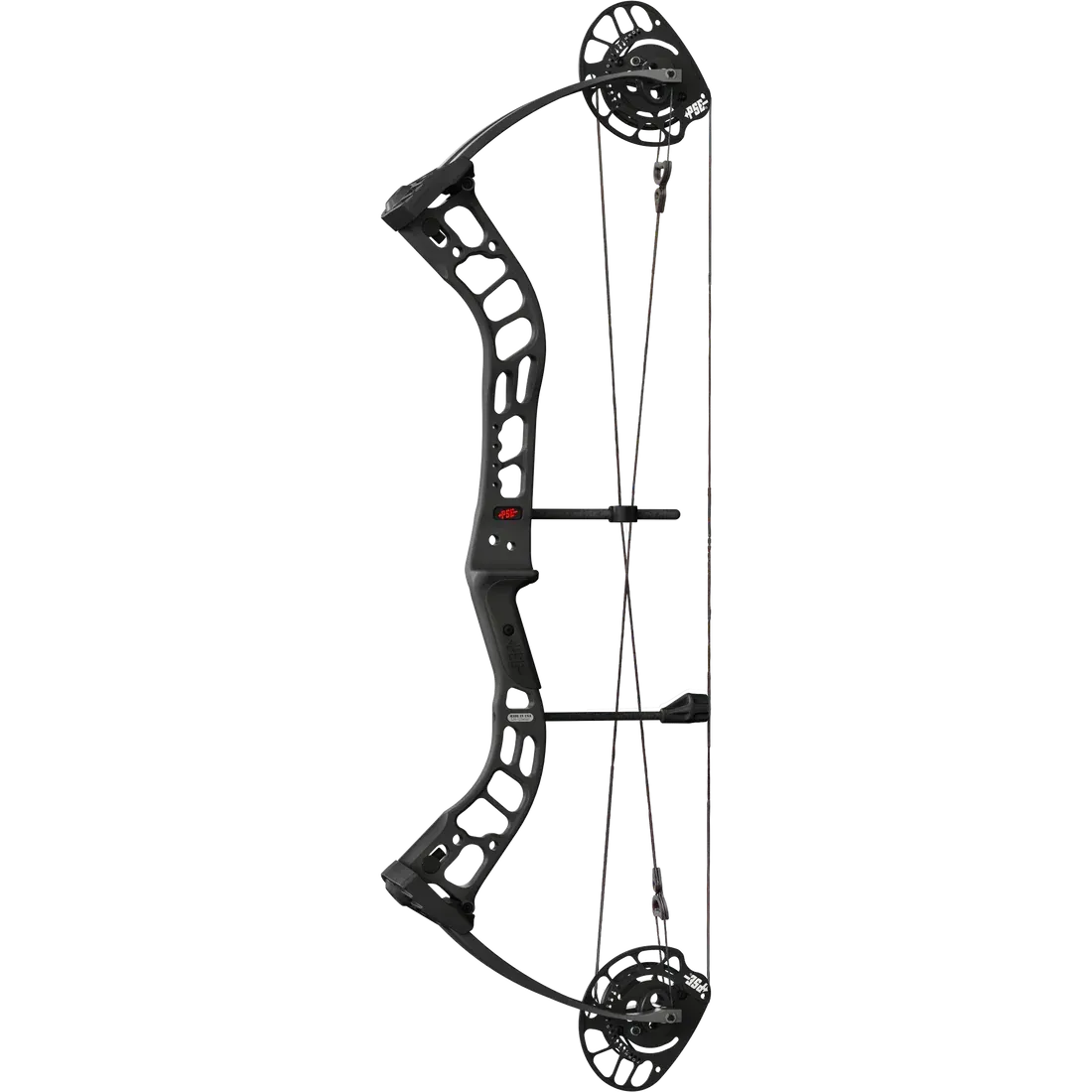 Black compound bow with strings and cams, ready for archery.