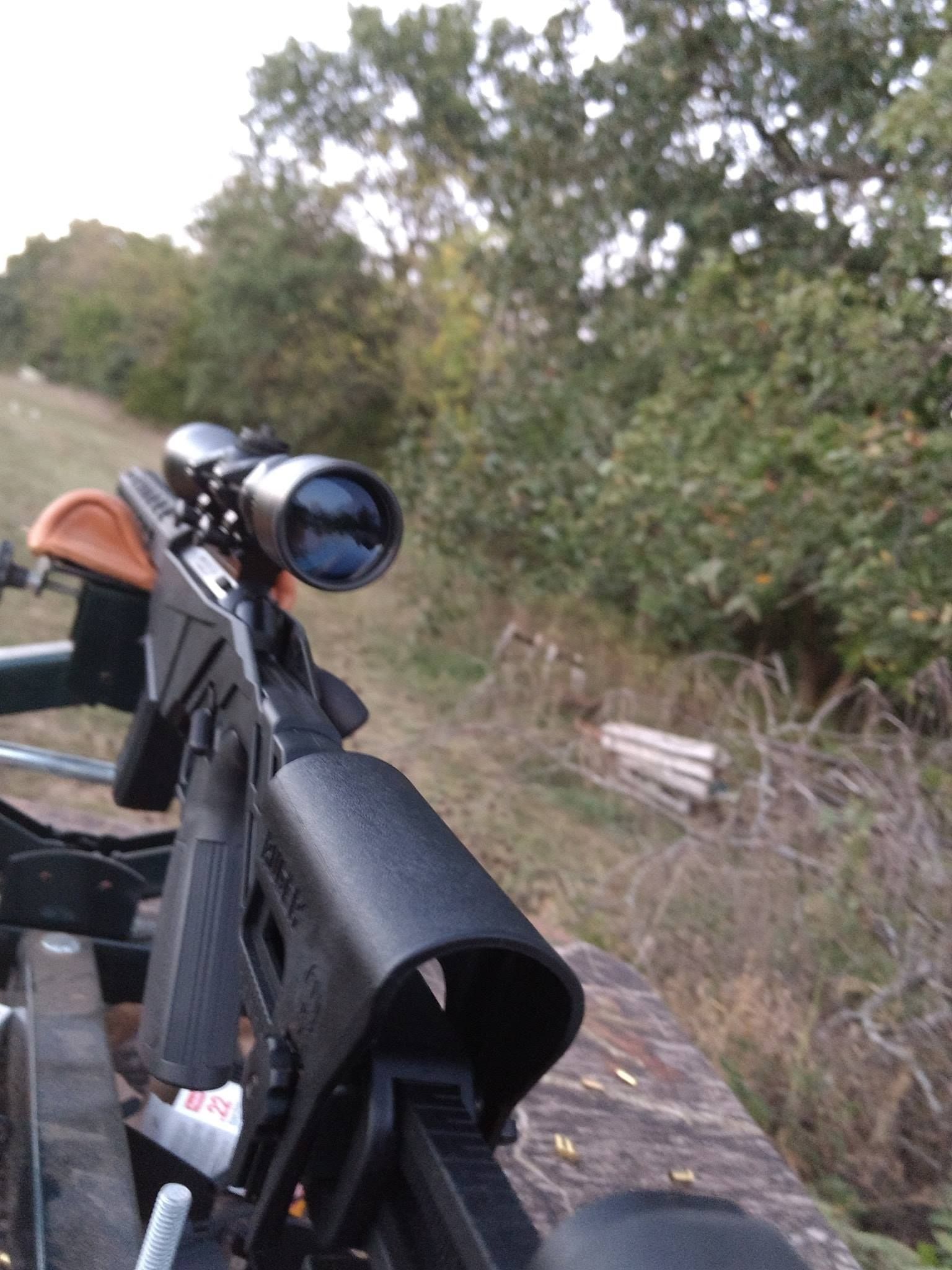 A rifle with a scope, resting on a support, aimed at foliage.