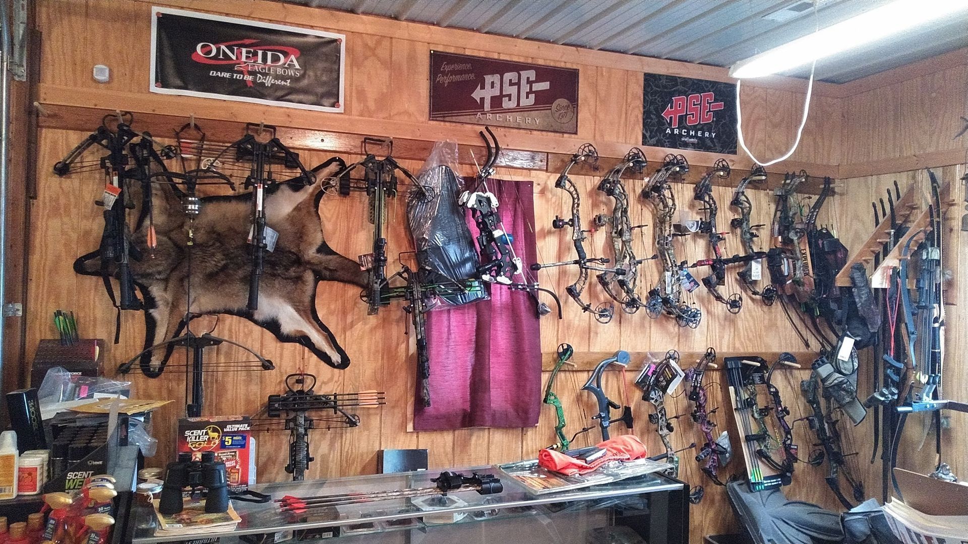 Wall with archery bows and equipment, banners, and animal hide.