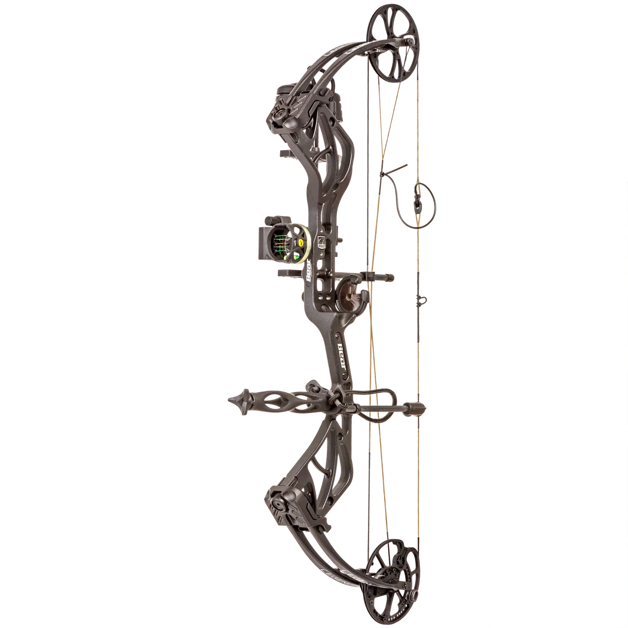 Black compound bow with sight and stabilizer, set against a white background.