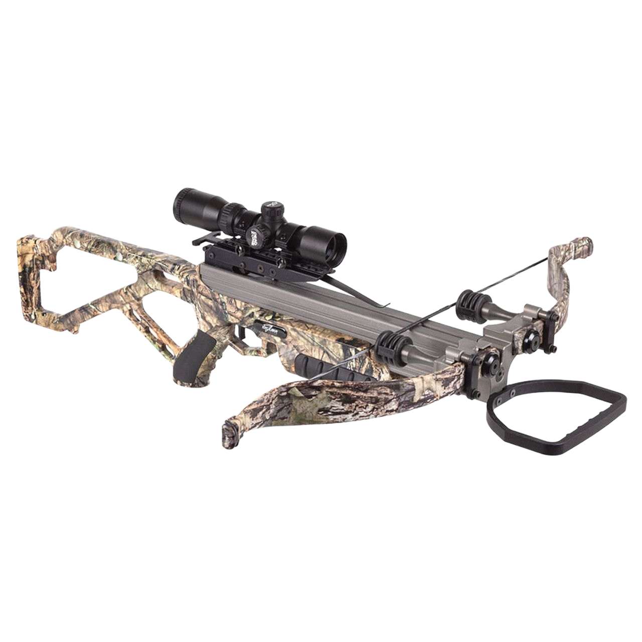 Camouflage crossbow with scope, ready to fire.