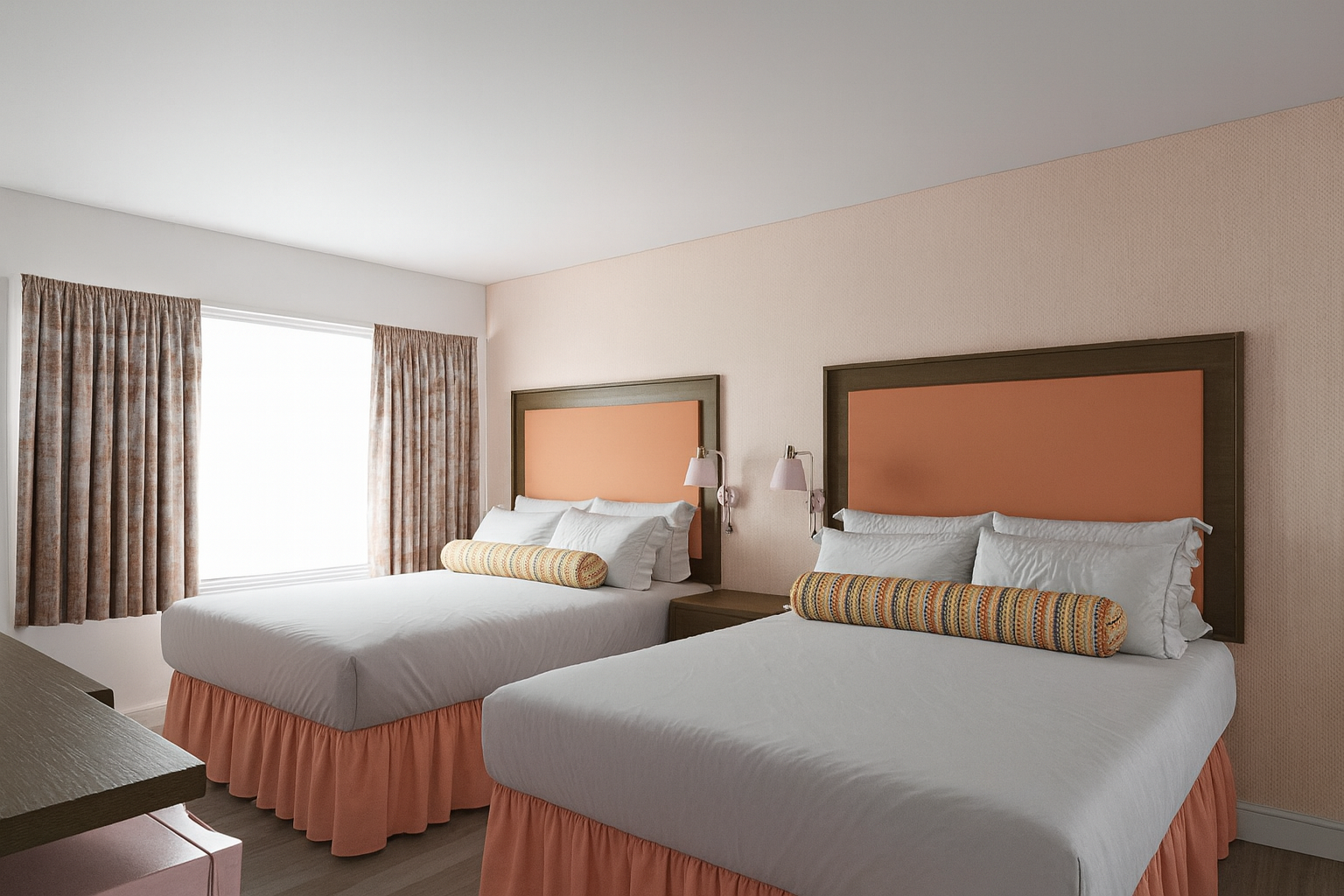 Hotel room with two double beds, peach-colored headboards and bed skirts, a window with curtains.
