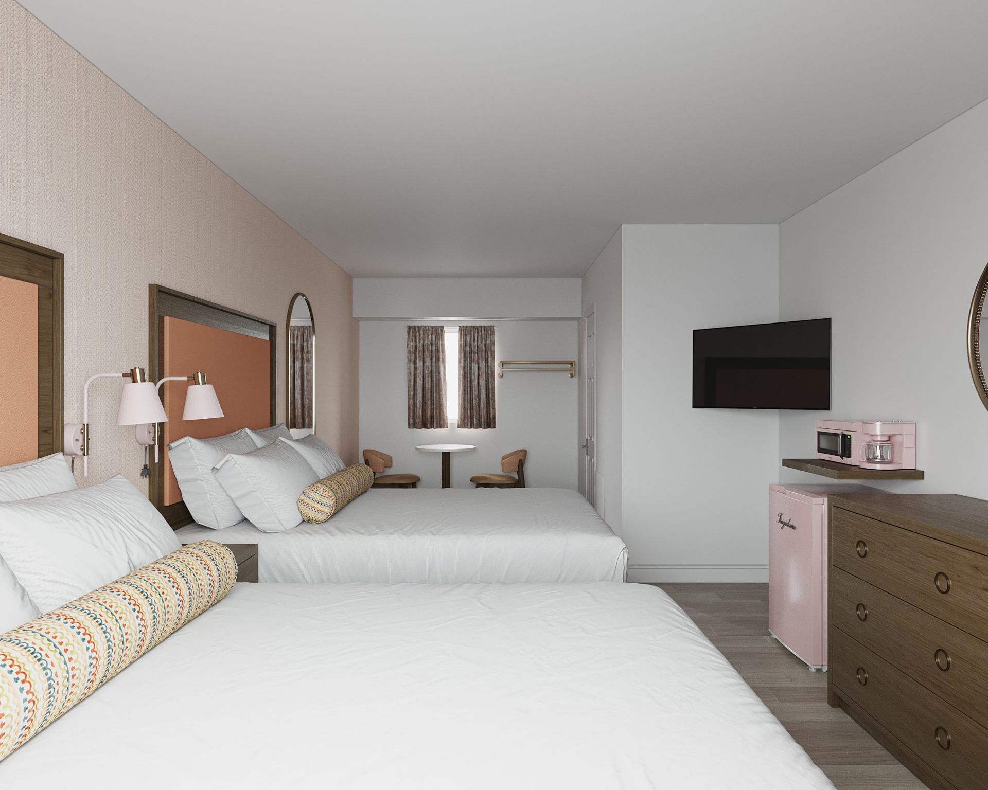 Hotel room with two beds, TV, and dresser. Pink and brown color scheme.