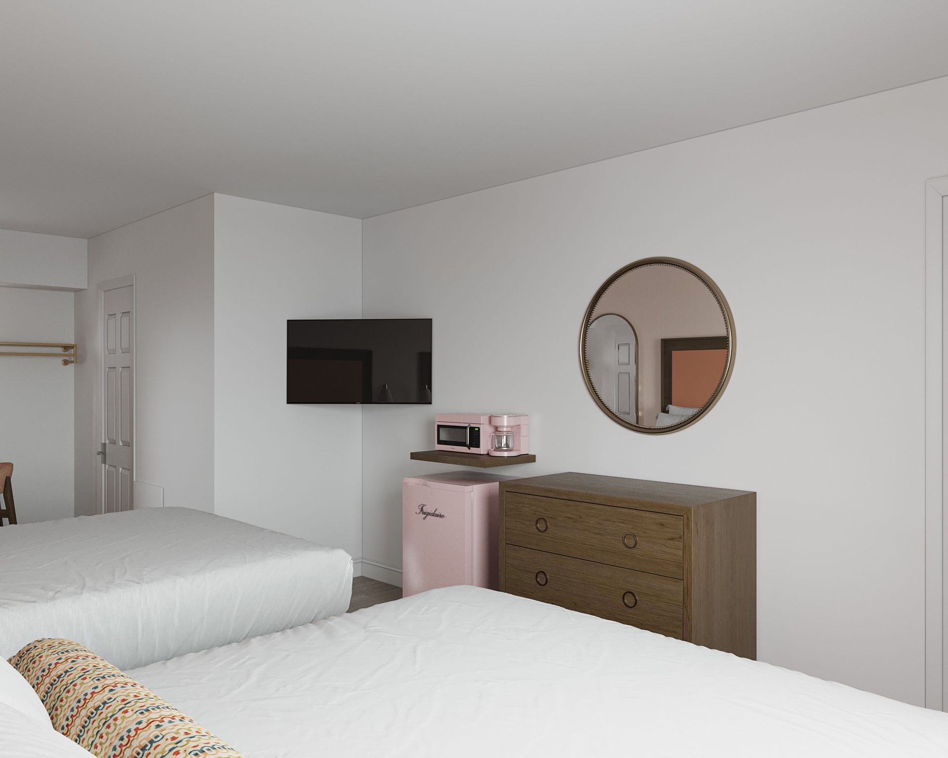 Bedroom with two beds, TV, dresser, pink mini-fridge, and round mirror on the wall.
