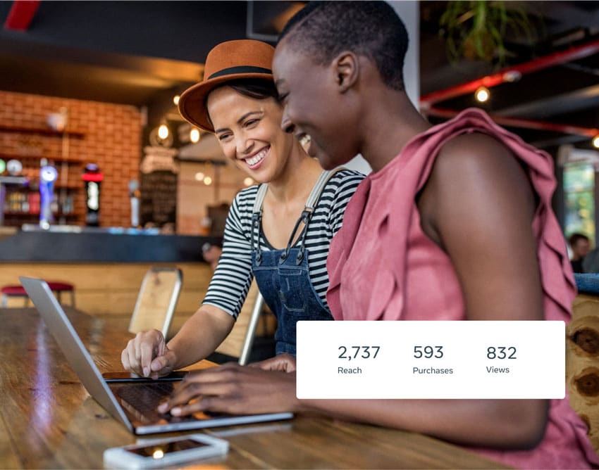 Facebook advertising reach purchases views two women in coffee shop using laptop