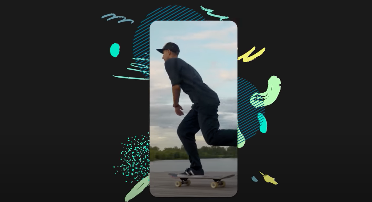 YouTube graphic with skateboarder and colorful design elements around phone