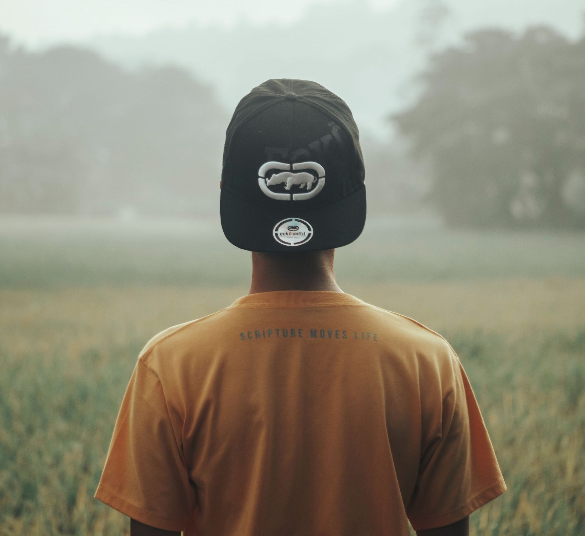 Image of a person from behind wearing hat backwards looking out onto a foggy field