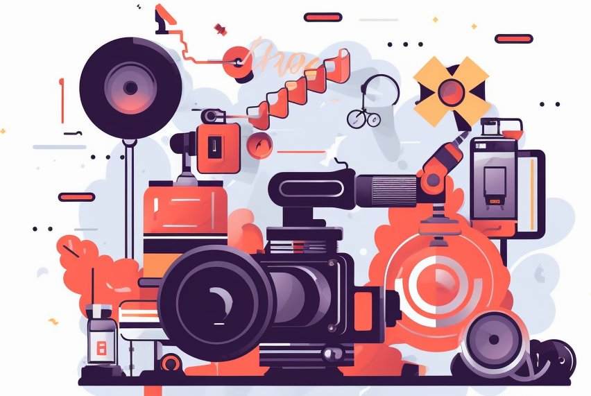 Illustrated collage of video production elements and product and service elements