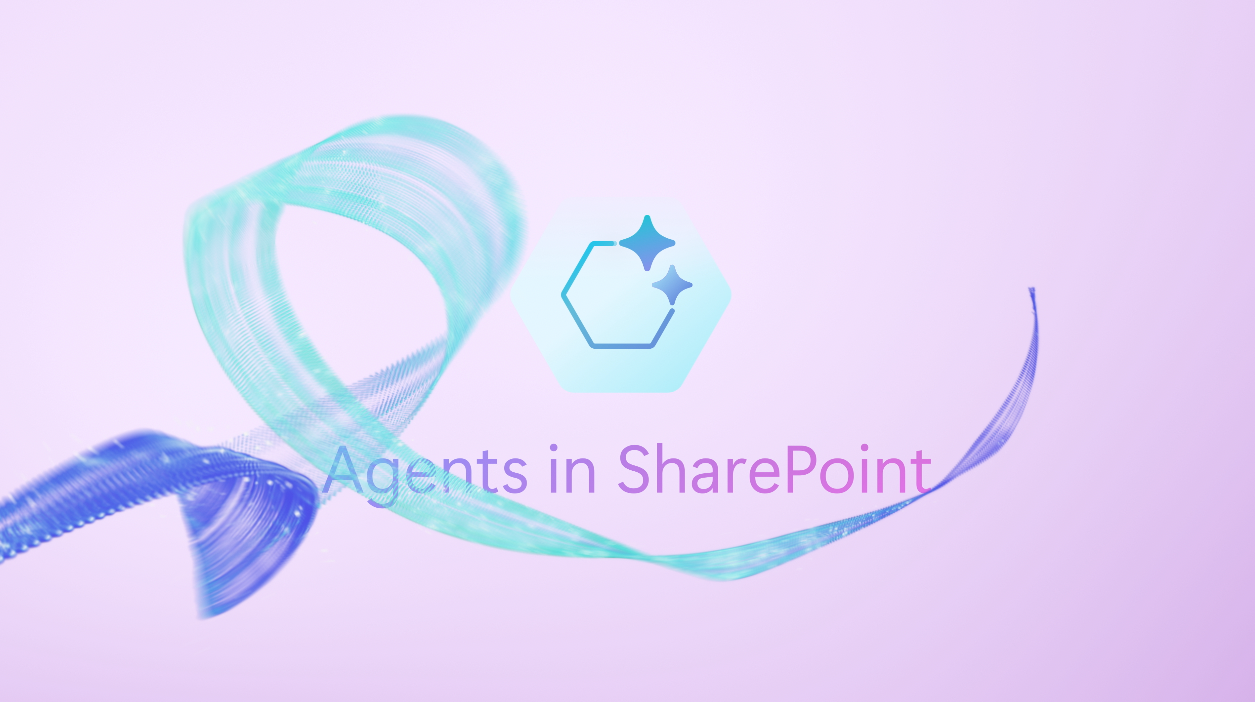 Agents in SharePoint logo with sparkling accent on a purple and teal ribbon background. Agents in SharePoint logo with sparkling accent on a purple and teal ribbon background.