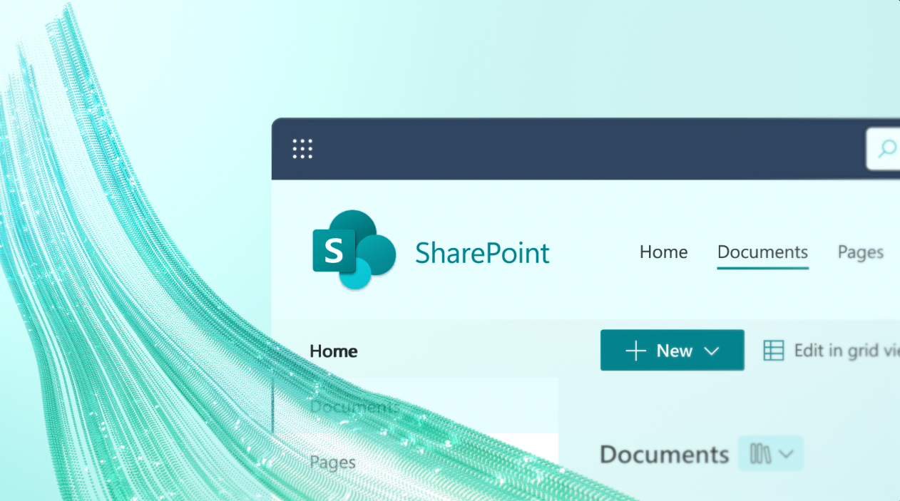 SharePoint interface with logo, navigation, and document options. Blue and green hues on a digital background.