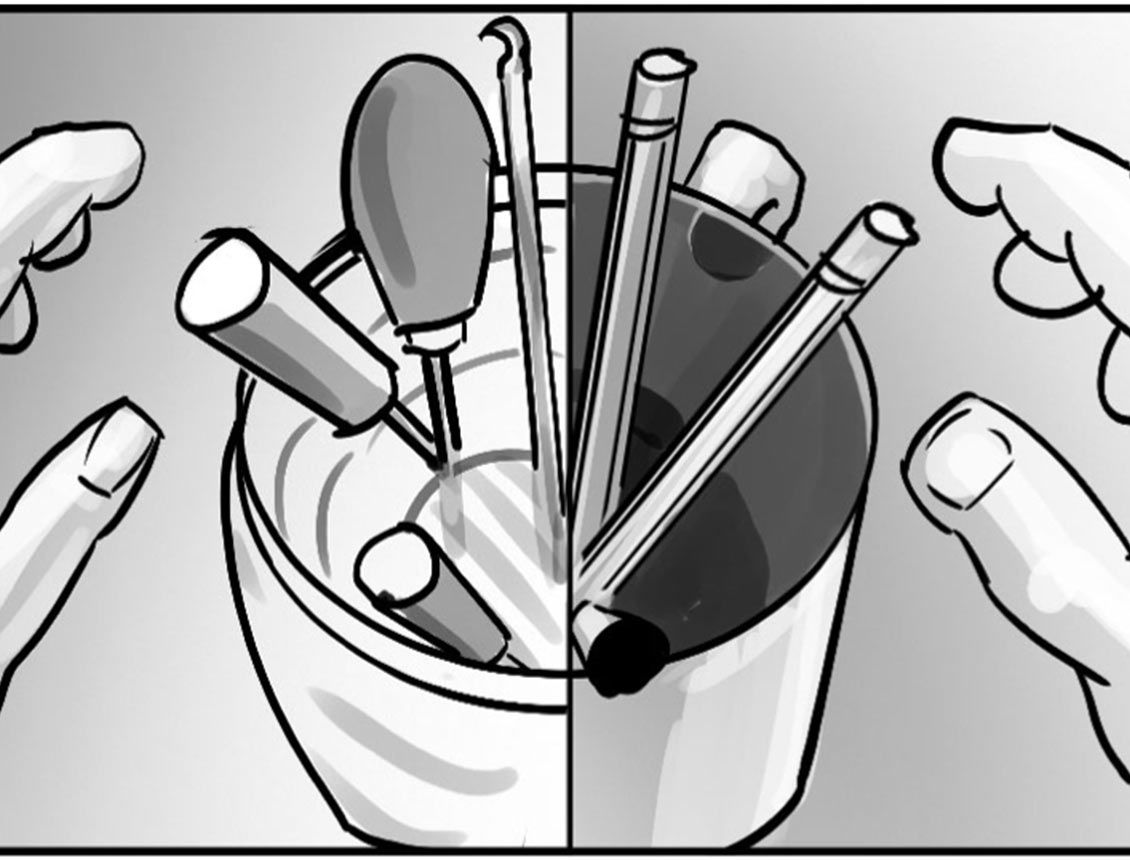 close up storyboard image of a hand grabbing pens and pottery tools