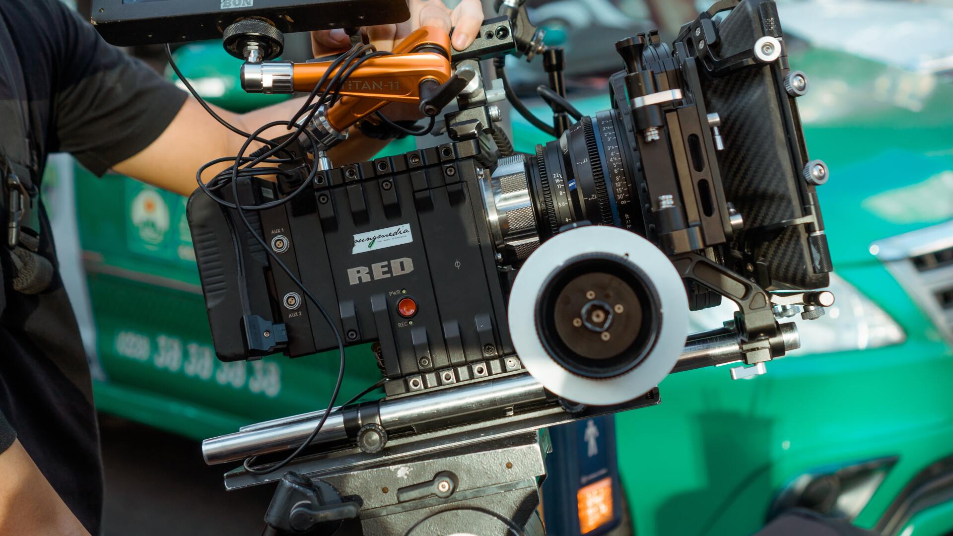 Red cinema camera behind the scenes