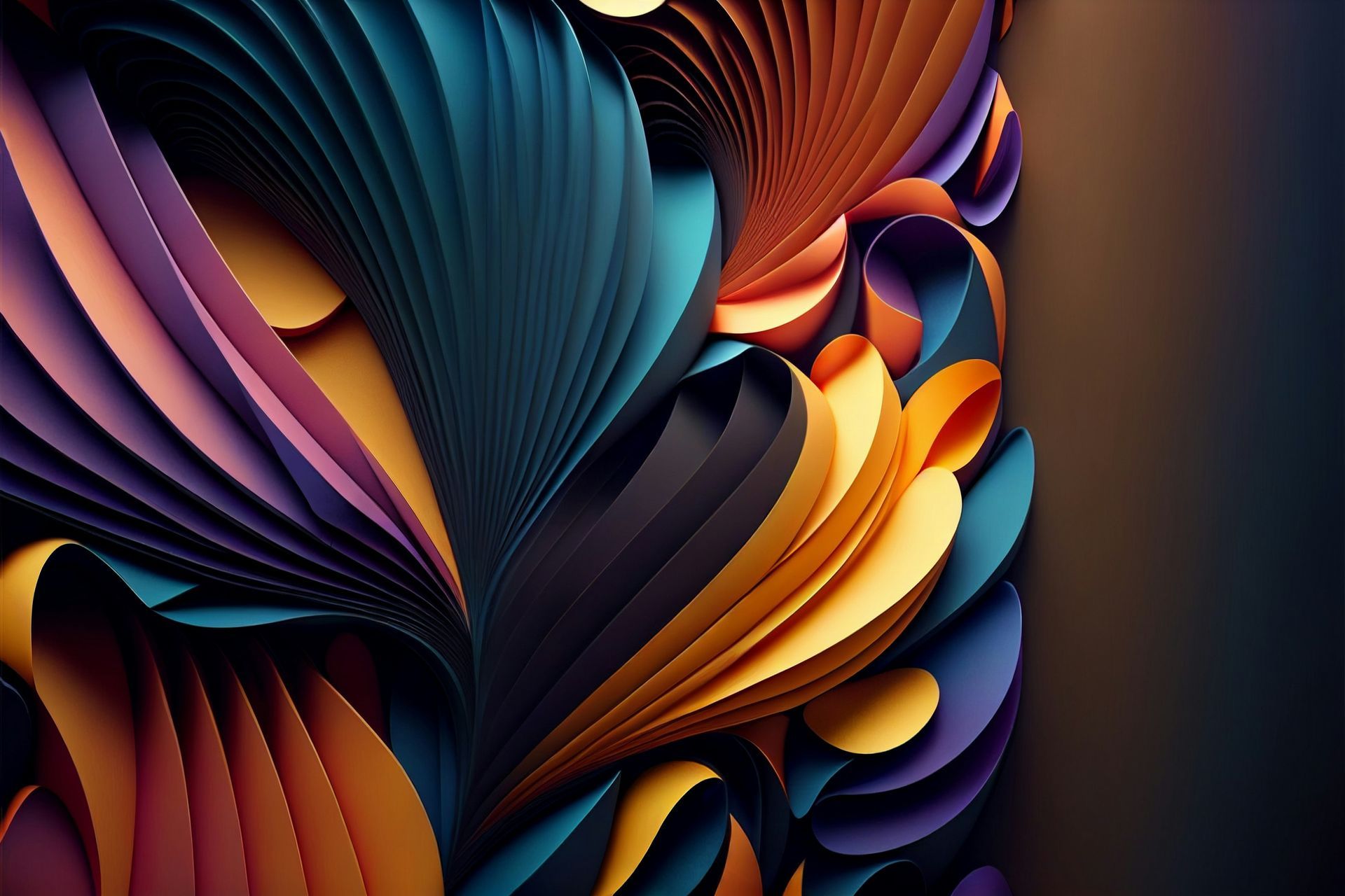 Abstract, colorful, swirling paper art in shades of blue, orange, purple, and gold.