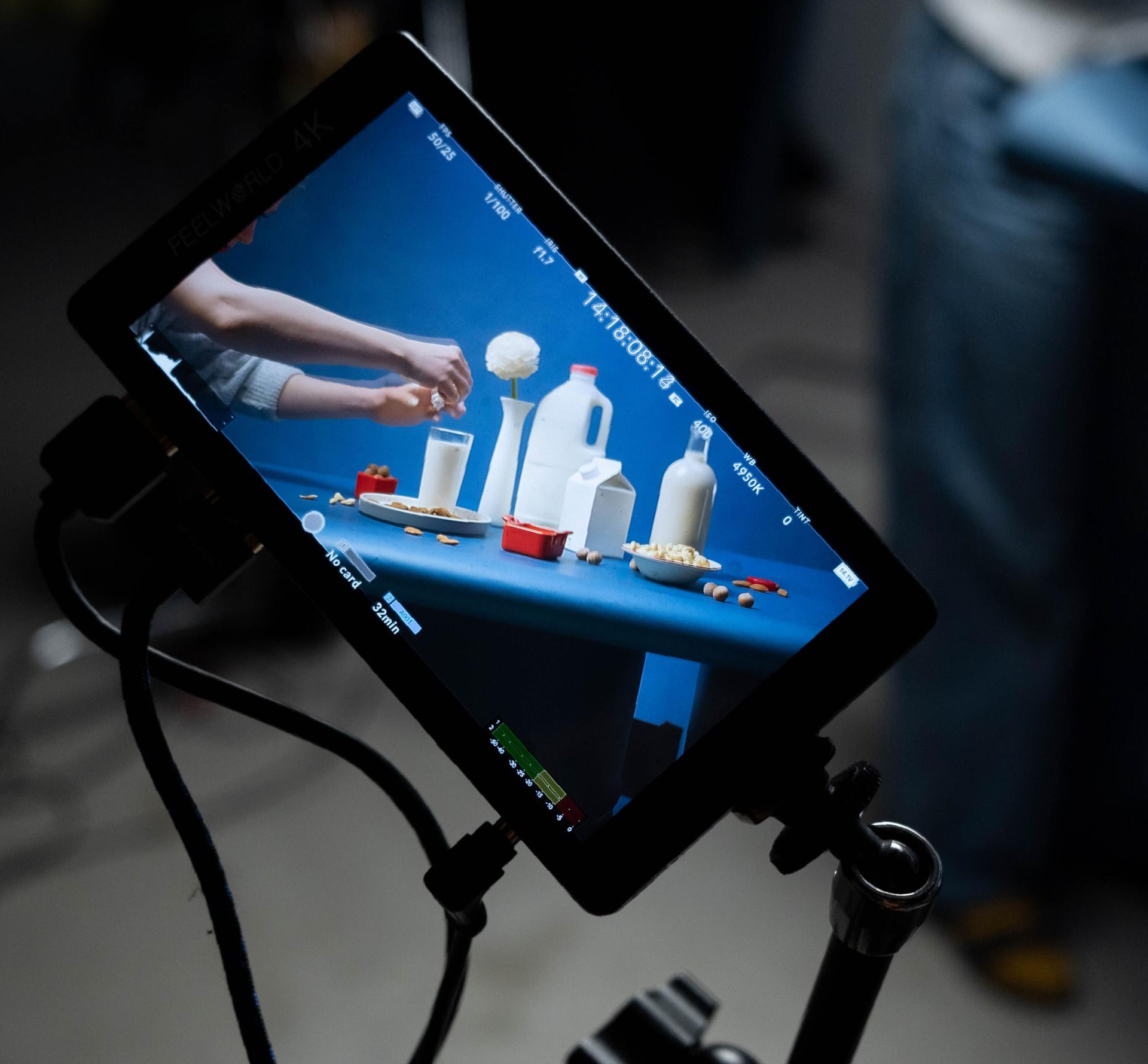 Image of a close up of a video production monitor on set for table top video shoot
