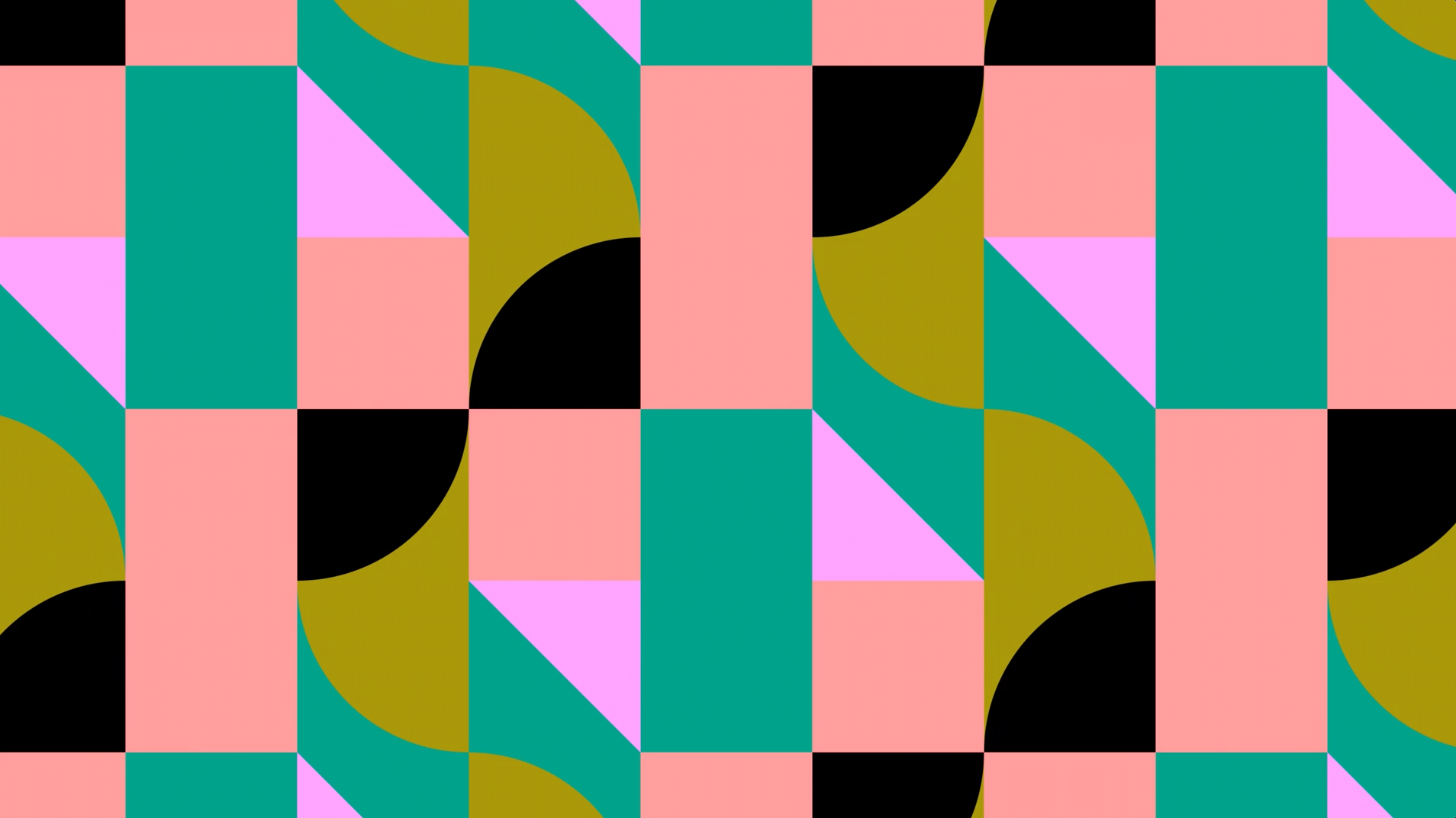 Geometric pattern featuring repeating vertical rectangles and squares in pink, teal, olive green, and black.