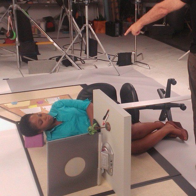 Spin Creative Microsoft digital campaign behind the scenes stop motion shoot actress laying on floor at desk
