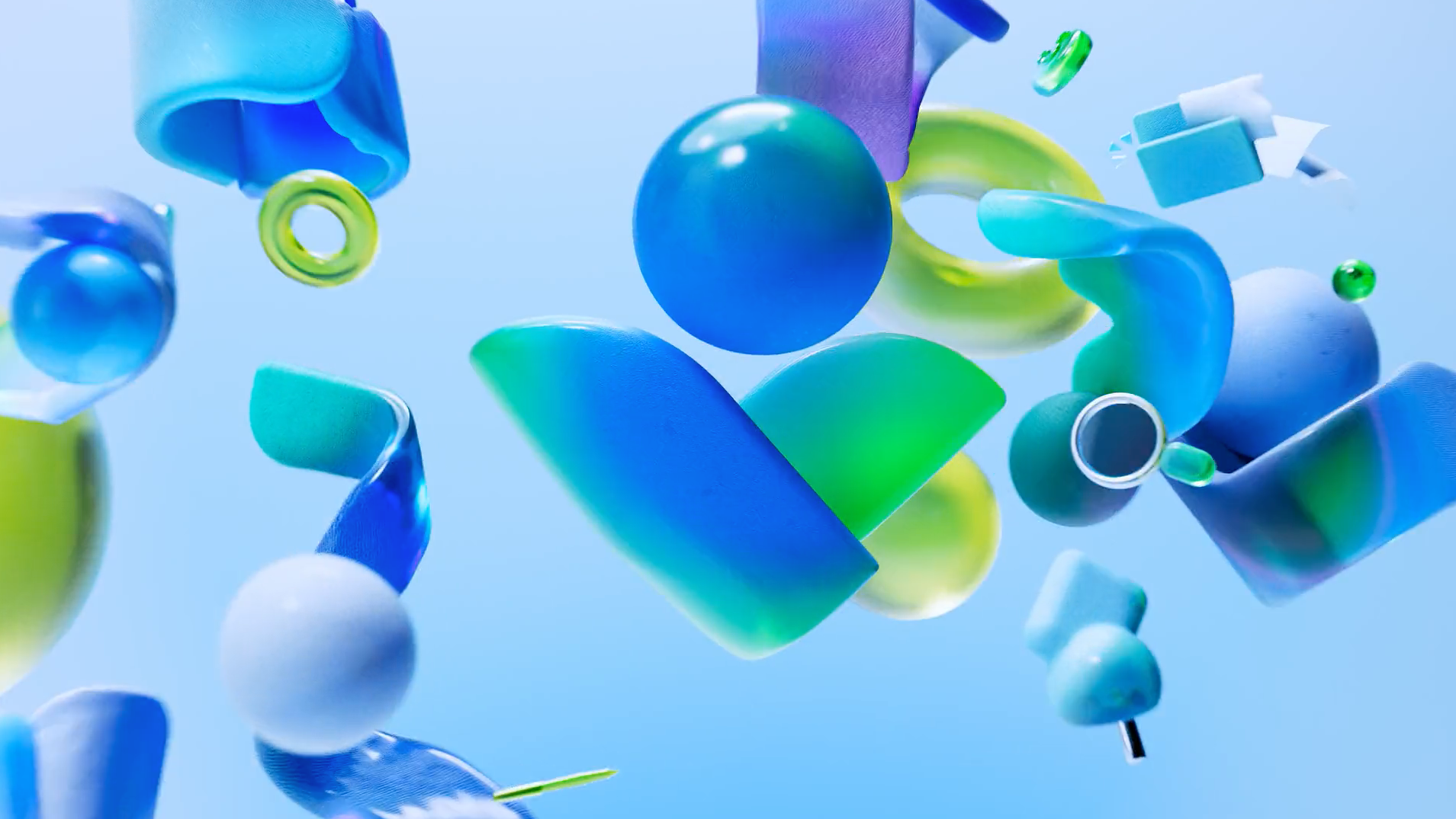 Spin Creative Microsoft Copilot AI in Viva 3D Sizzle Video Blue, green and yellow 3D icons floating in a 3D world from the Microsoft Copilot AI in Viva 3D Sizzle Video.
