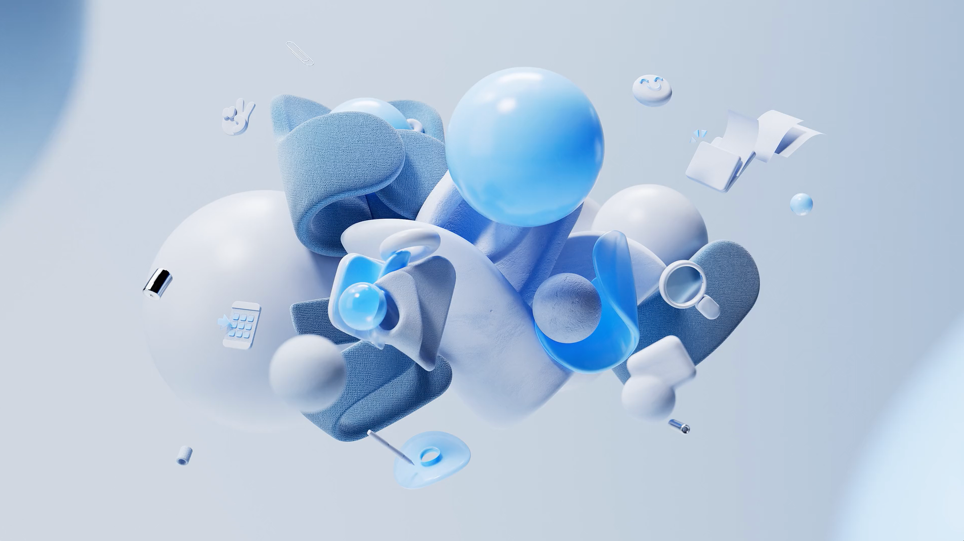 Spin Creative Microsoft Copilot AI in Viva 3D Sizzle Video 3D objects and icons in a blue and gray tone, in a 3D world from the Microsoft Copilot AI in Viva 3D Sizzle Video.