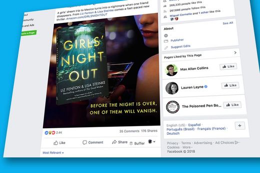 A facebook page with a picture of a woman holding a book titled girls night out