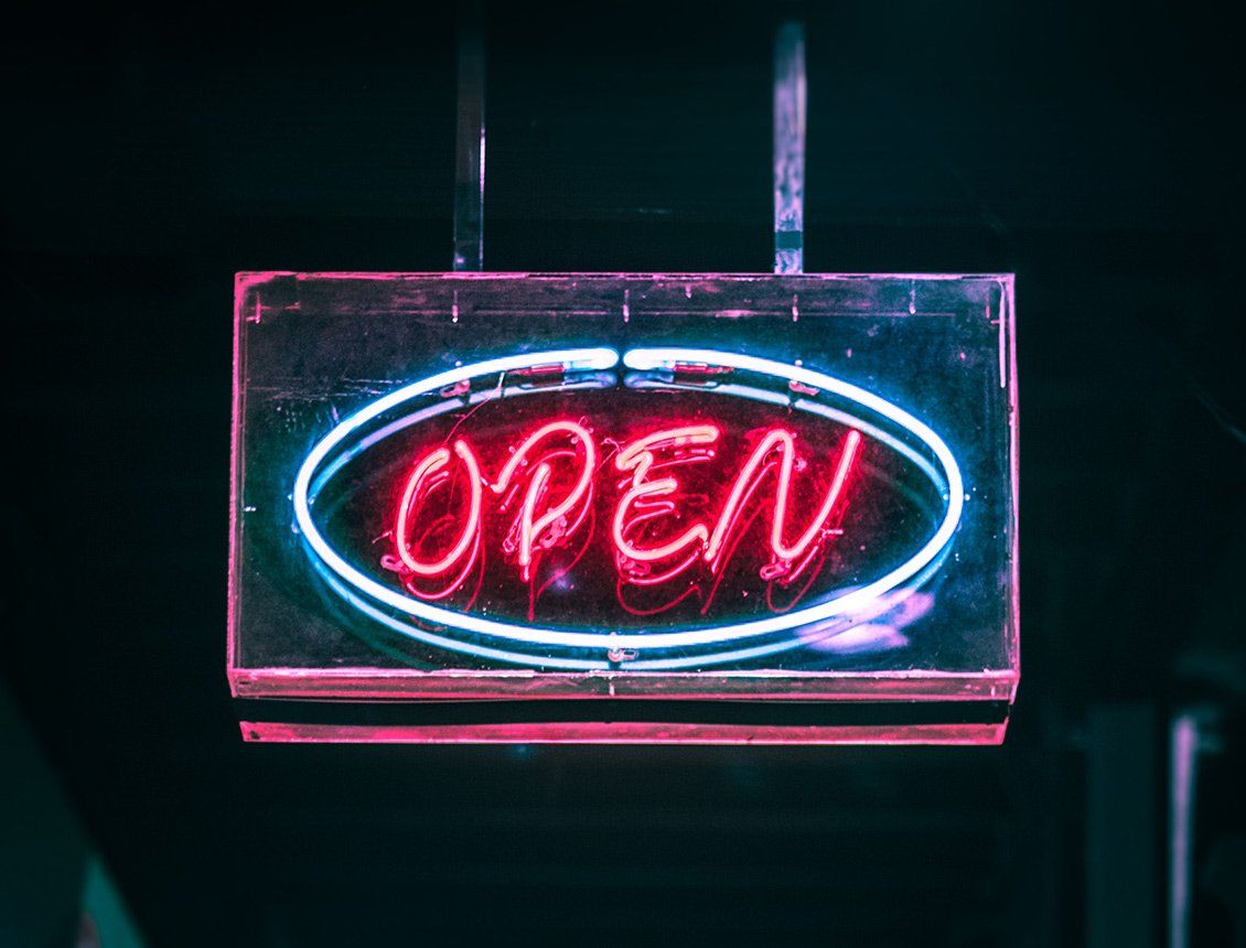 Open sign neon for Spin Creative a creative and video marketing and video production company and agency headquartered in Seattle, WA