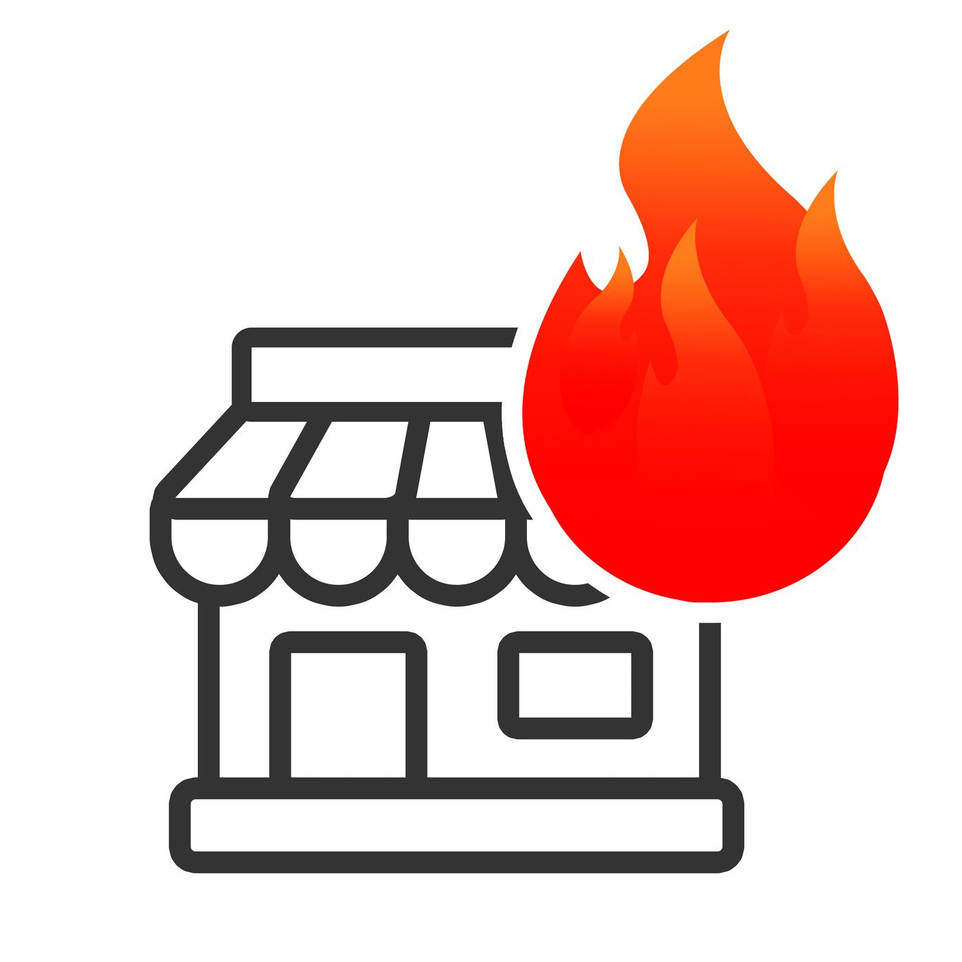 Shop building engulfed in flames, indicating a fire.