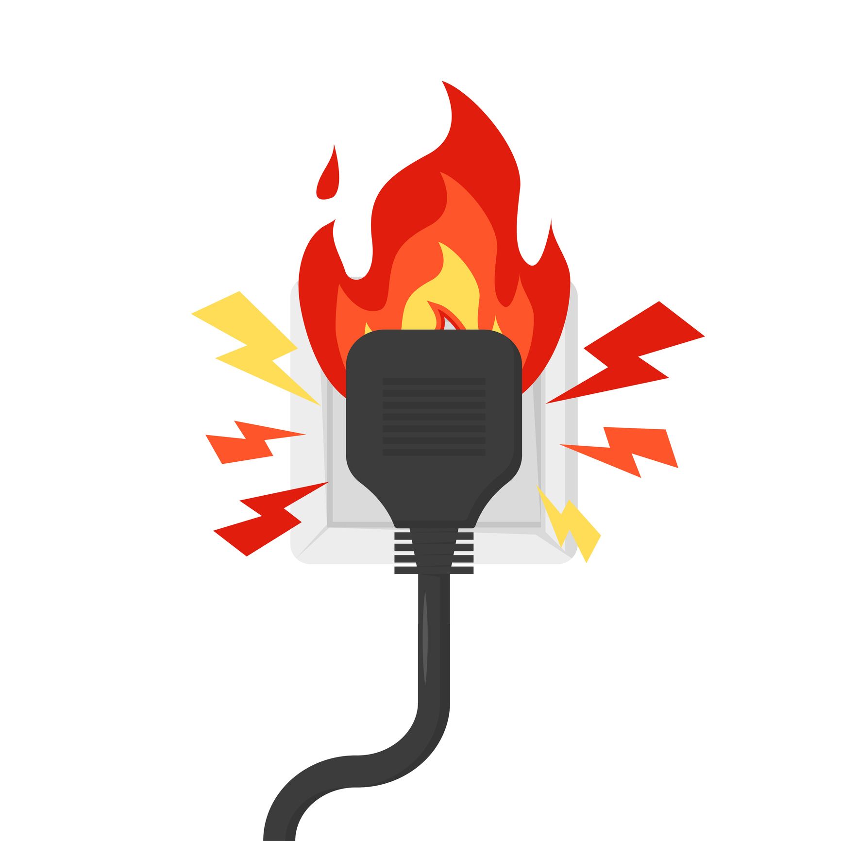 Burning electrical plug and outlet, flames, sparks, white background.