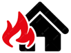 House engulfed in flames; red fire against black house silhouette.