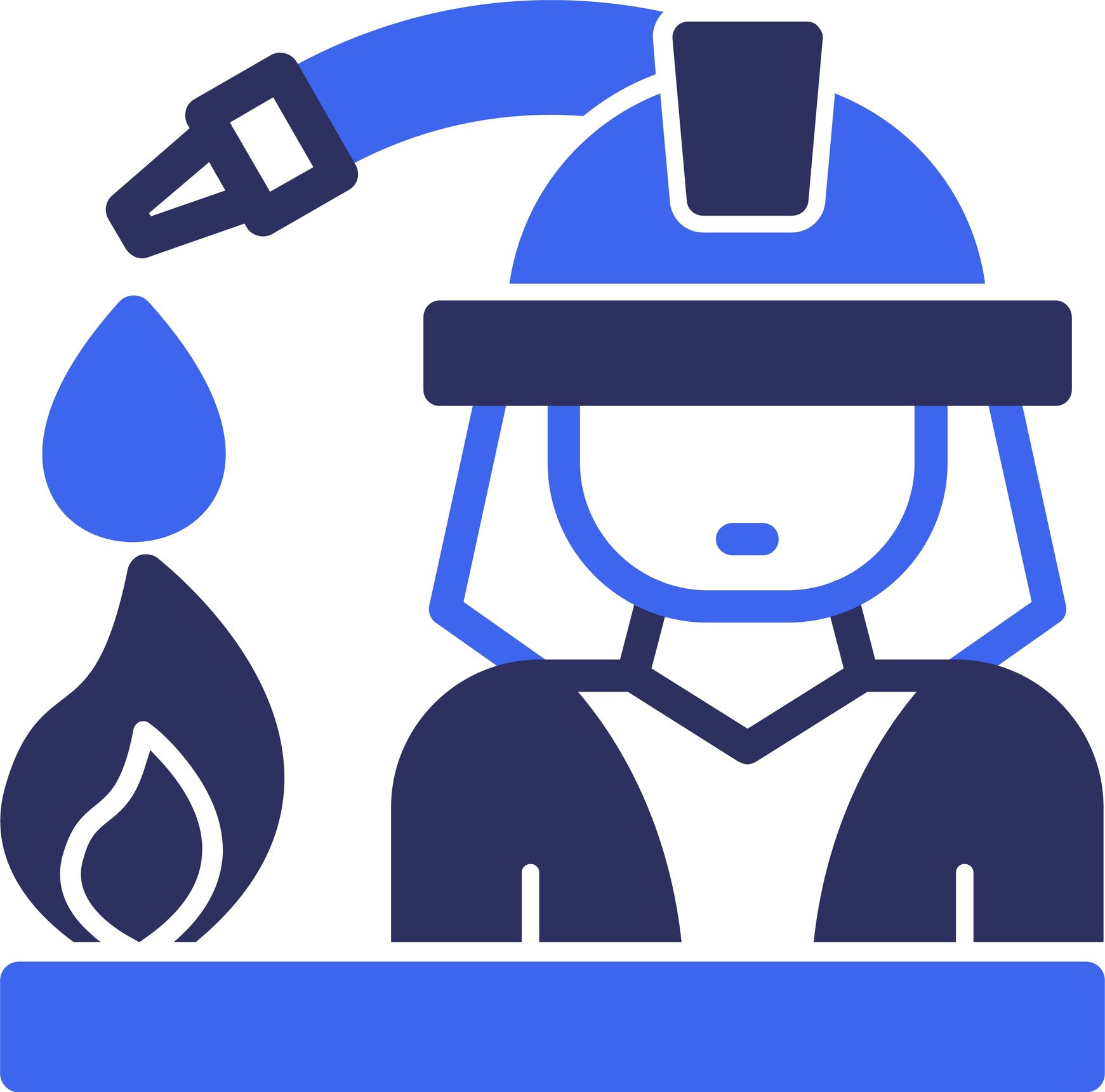 Firefighter aiming hose at flames, blue and dark blue.