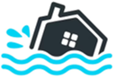House submerged in flood water; dark blue and teal.