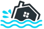 House submerged in flood water; dark blue and teal.