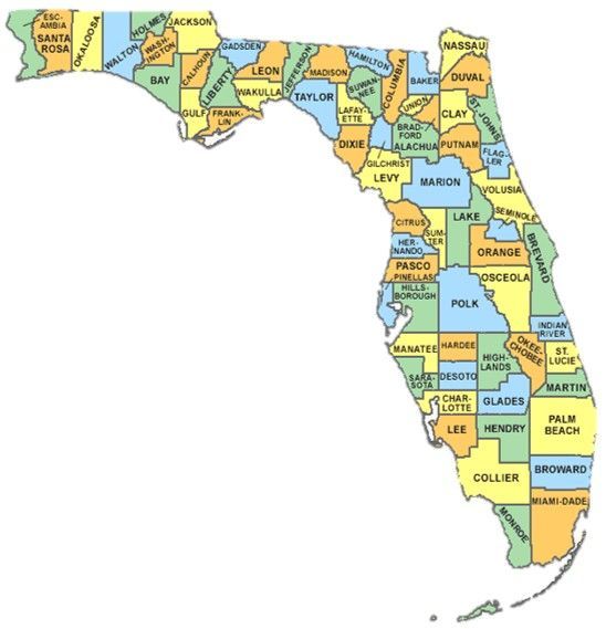 Map of Florida, showing counties in various colors, with county names labeled.