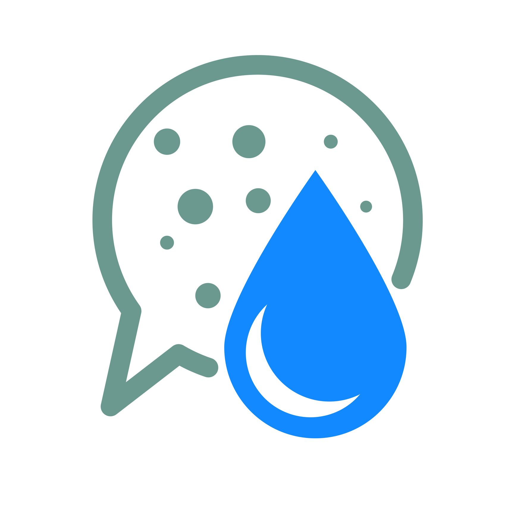 Blue water droplet next to a gray speech bubble containing dots, possibly representing air quality.